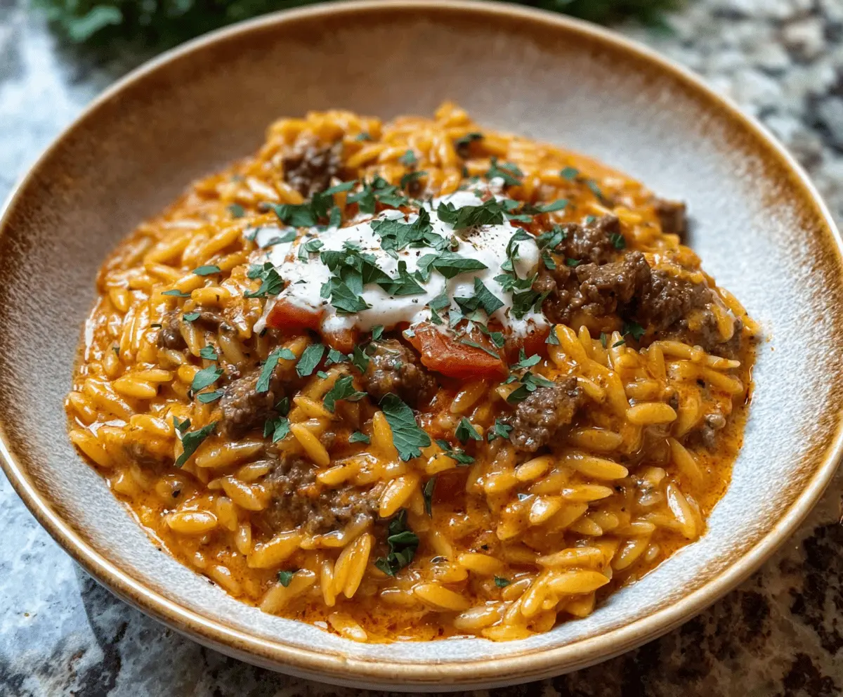 Easy Beef Orzo with Creamy Tomato Sauce