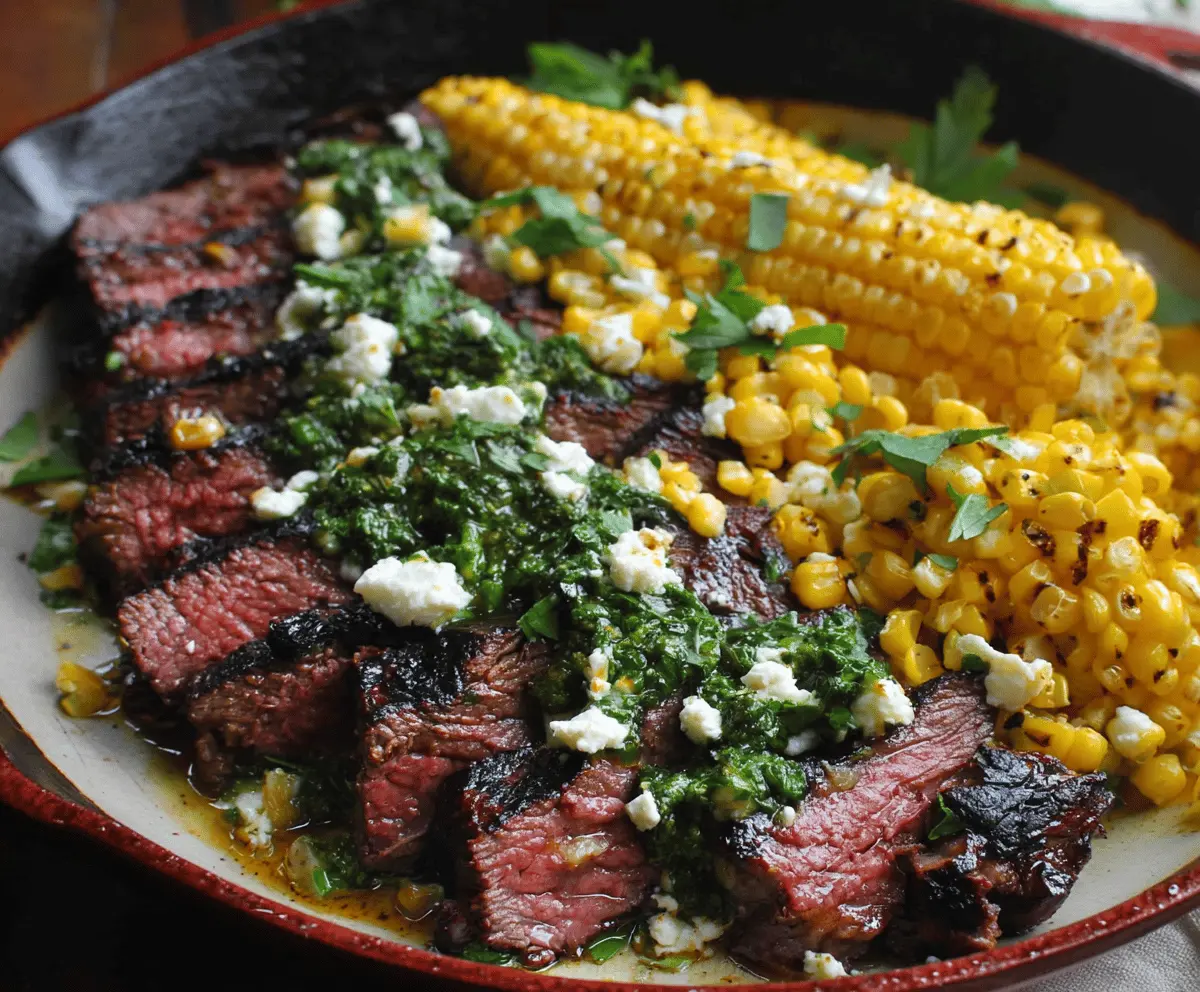Flank Steak with Creamy Corn, Feta & Spinach Sauce