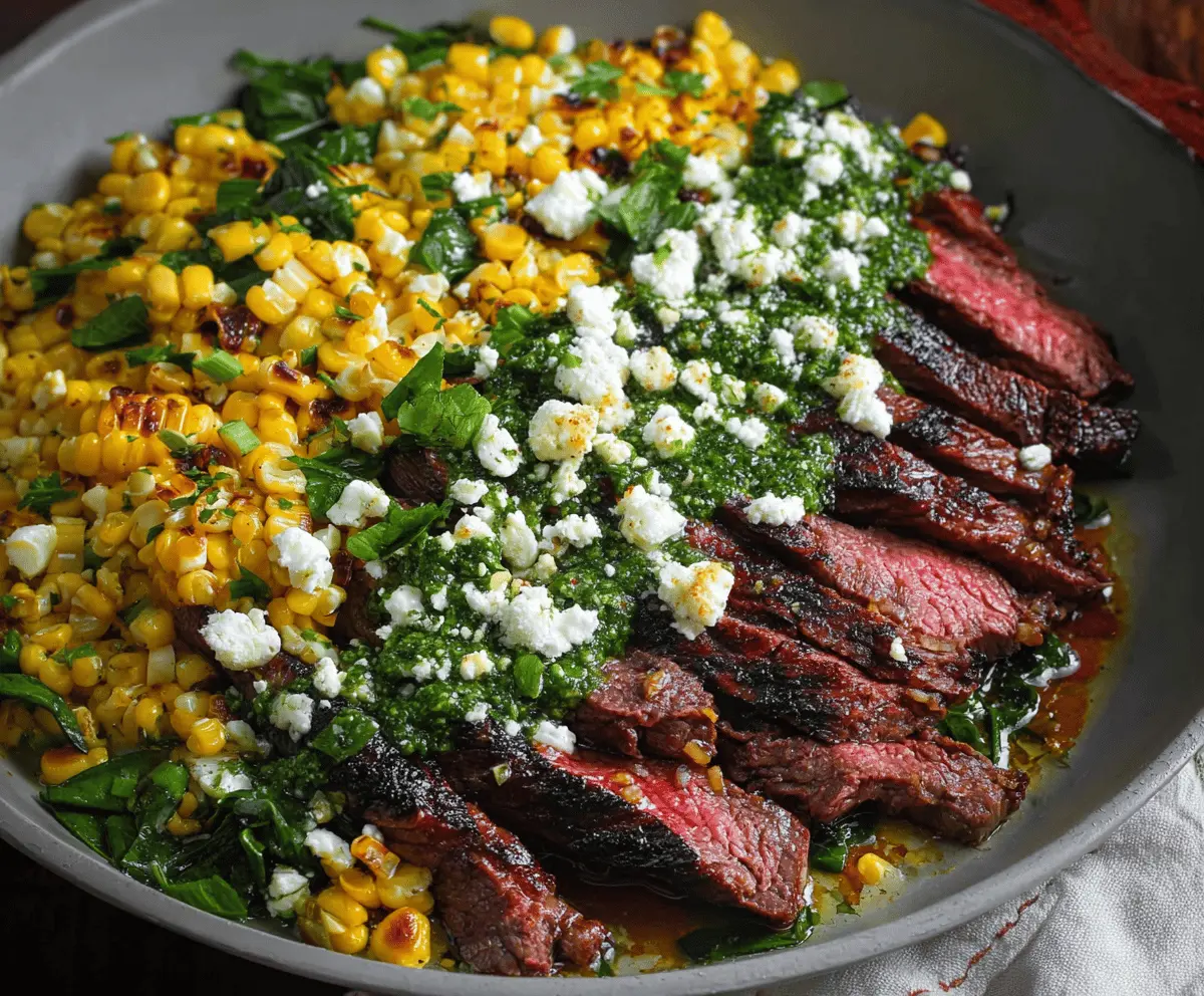 Flank Steak with Creamy Corn, Feta & Spinach Sauce