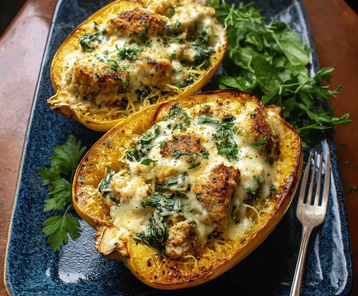 Garlic Parmesan Stuffed Spaghetti Squash with Chicken and Spinach