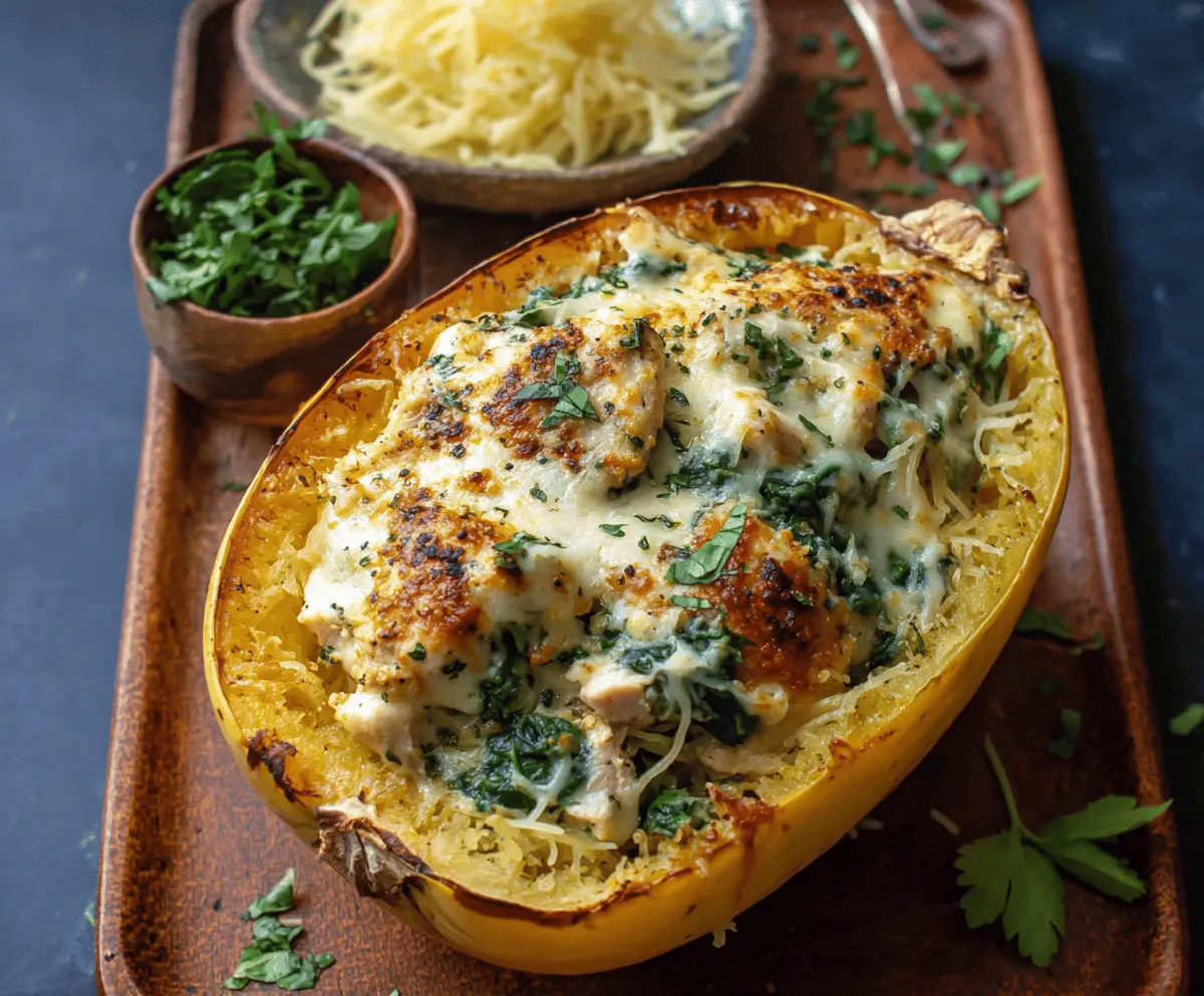 Garlic Parmesan Stuffed Spaghetti Squash with Chicken and Spinach