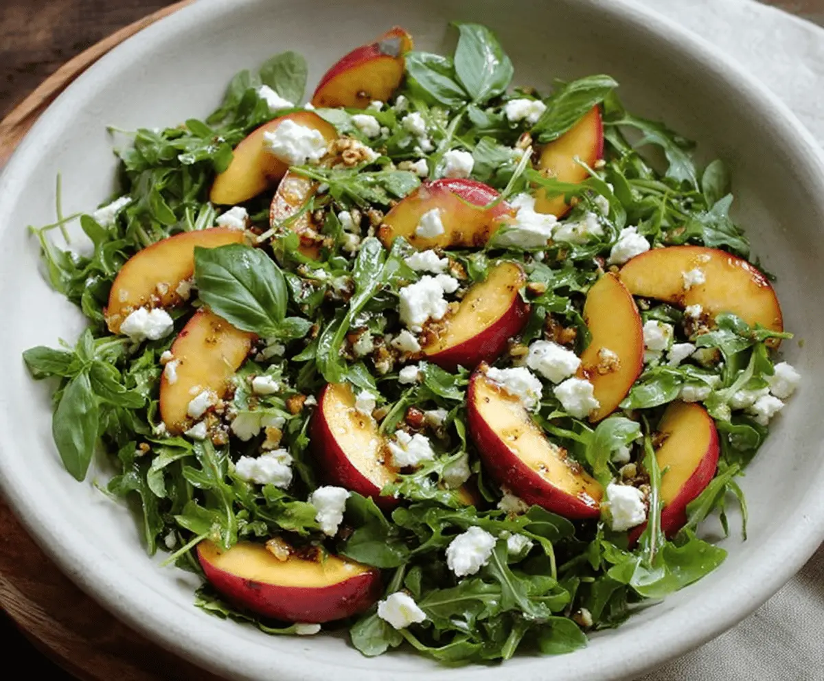 Fresh Arugula Salad with Peaches, Goat Cheese & Basil