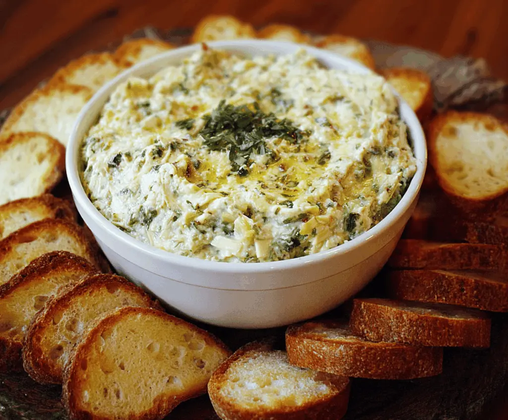 Creamy artichoke and jalapeno dip served in a bowl, garnished with fresh herbs and tortilla chips on a rustic wooden table.