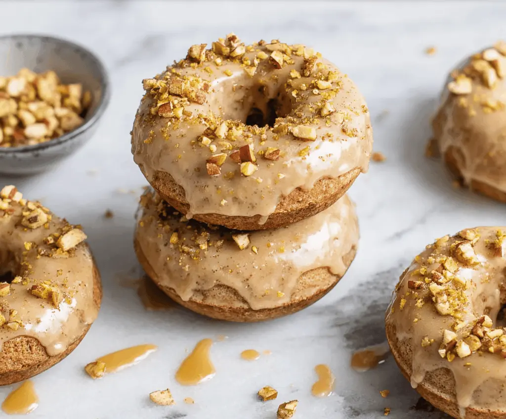Delicious baked apple donuts topped with glossy glaze on a white plate, perfect for a sweet breakfast or snack