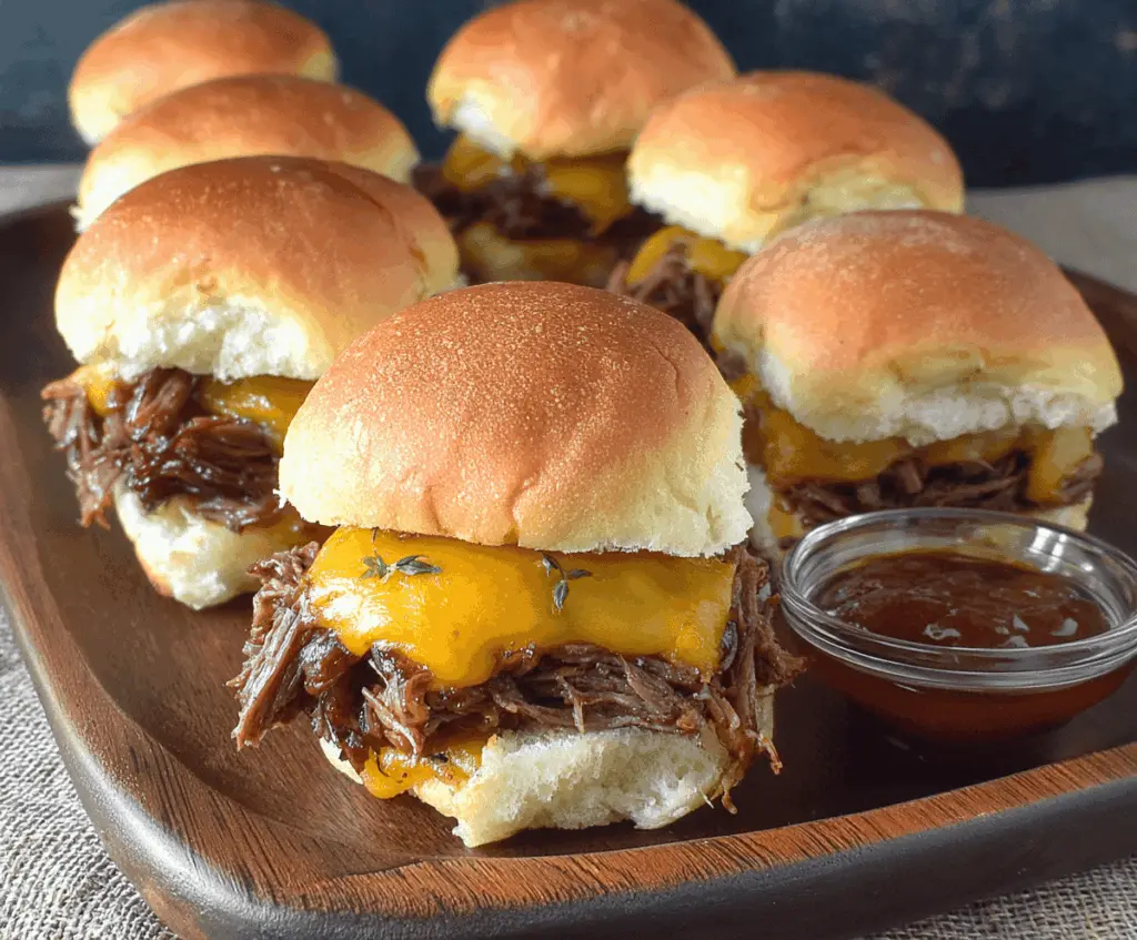 Delicious Beef and Cheddar Sliders with melted cheese and fresh toppings on a serving platter