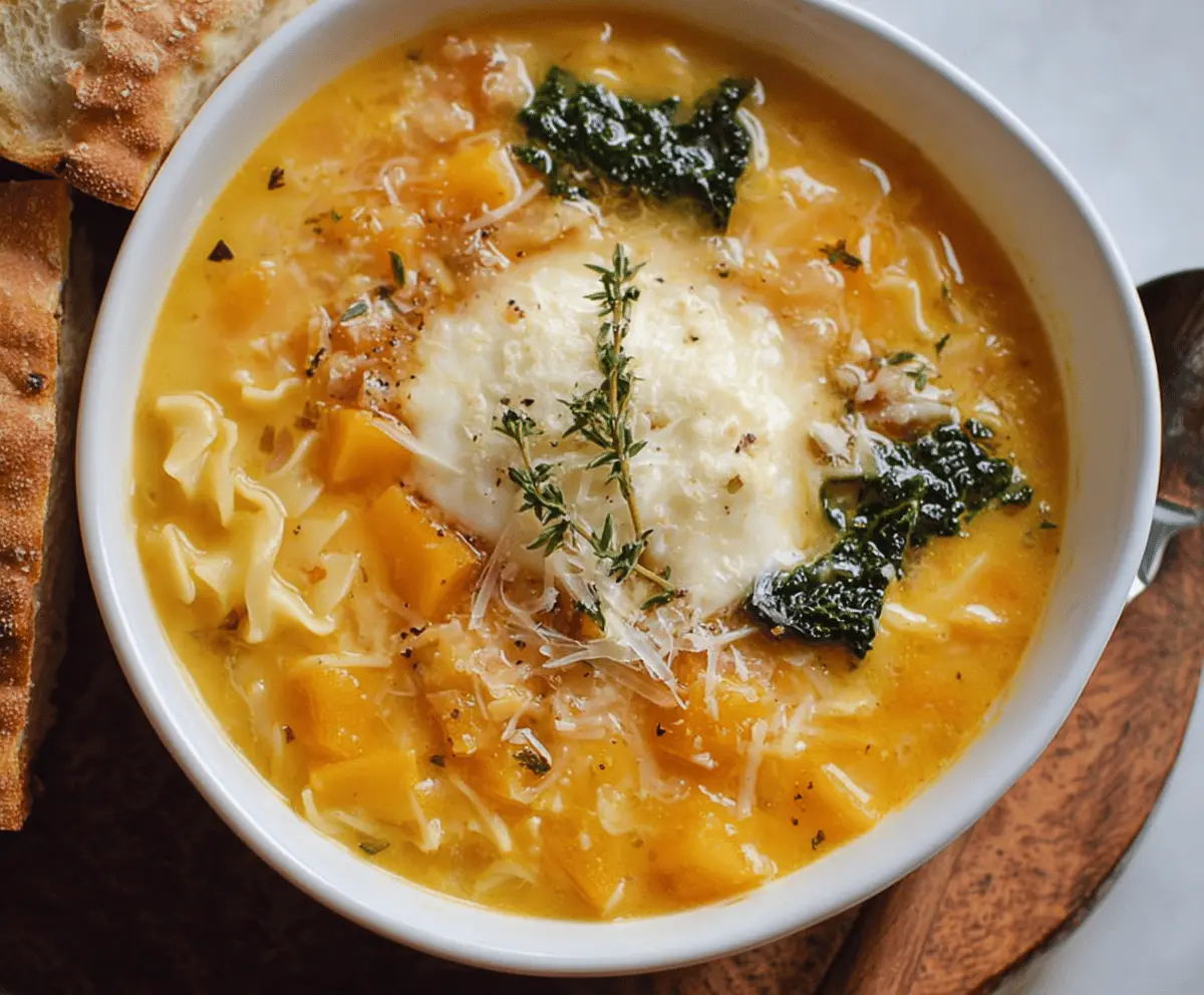 Butternut Squash Lasagna Soup with Kale & Mozzarella