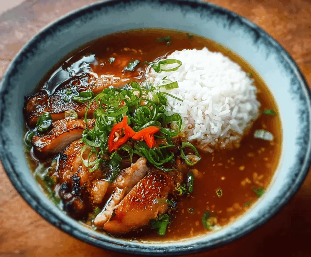 Delicious caramelized soy chicken served in garlic and ginger broth with steamed rice, showcasing a flavorful Asian-inspired dish.