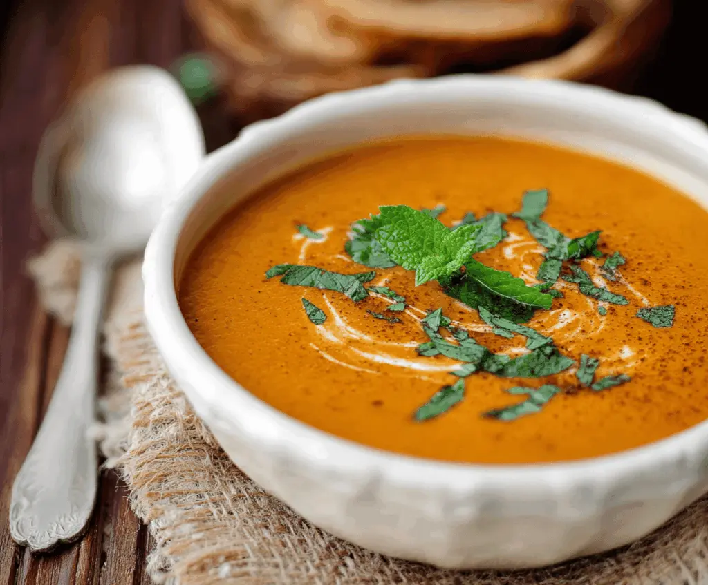 A delicious bowl of homemade carrot soup garnished with fresh herbs and served with crusty bread on a rustic wooden table.