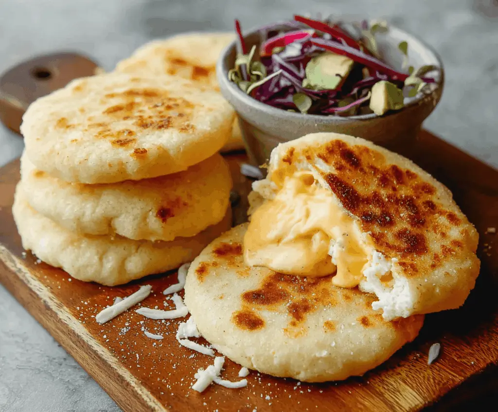Delicious cheesy arepa filled with melted cheese, served as a savory Latin American snack or breakfast option.
