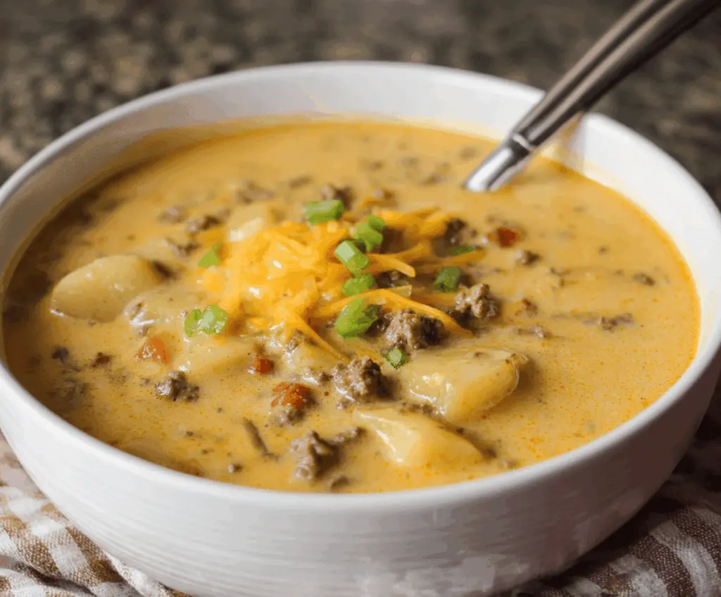 Creamy cheesy hamburger potato soup in a bowl topped with melted cheese, fresh herbs, and diced vegetables, served hot for a comforting meal.