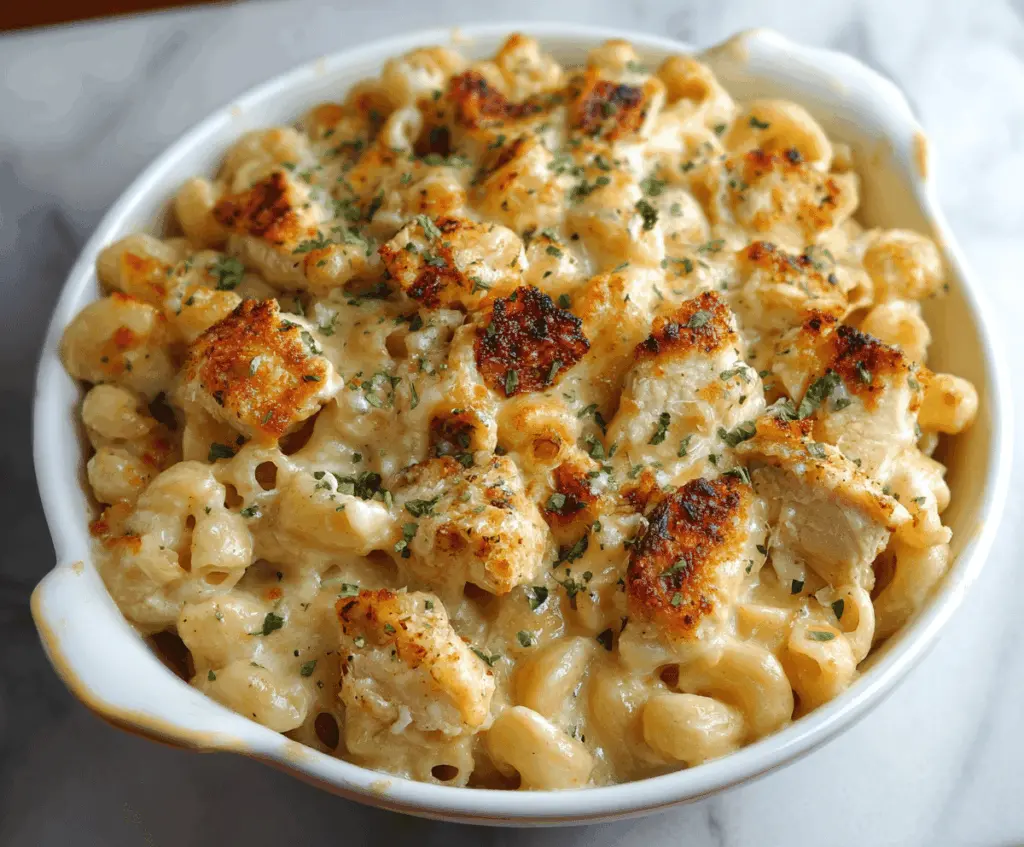 Creamy chicken mac and cheese dish topped with melted cheese and herbs, served in a bowl for a comforting meal.