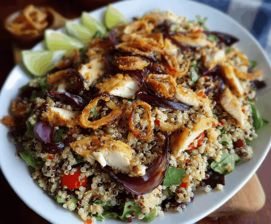 Fresh Chili Lime Chicken Quinoa Salad topped with crispy shallots and vibrant lime wedges, featuring colorful vegetables and herbs.