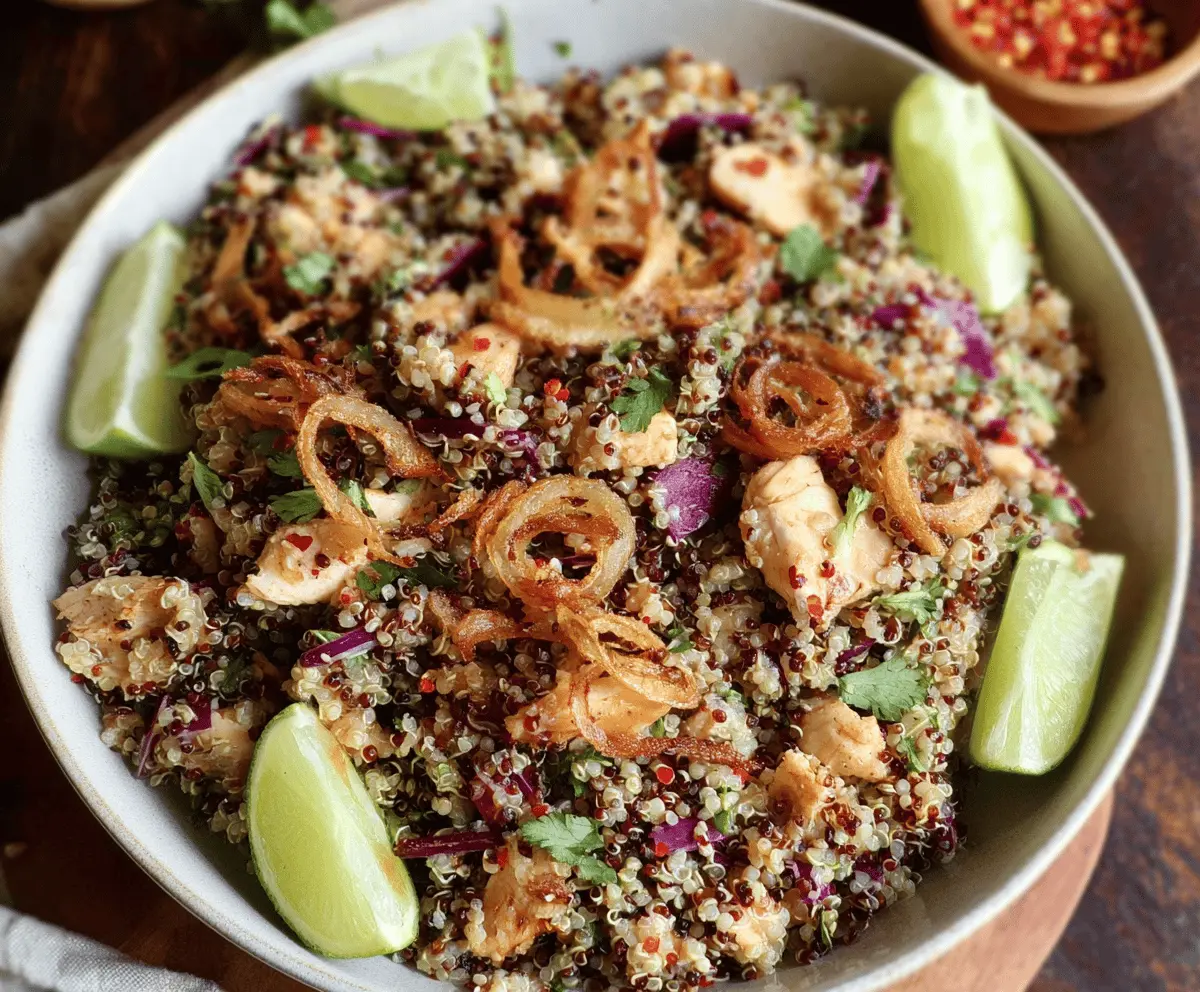Chili Lime Chicken Quinoa Salad with Crispy Shallots