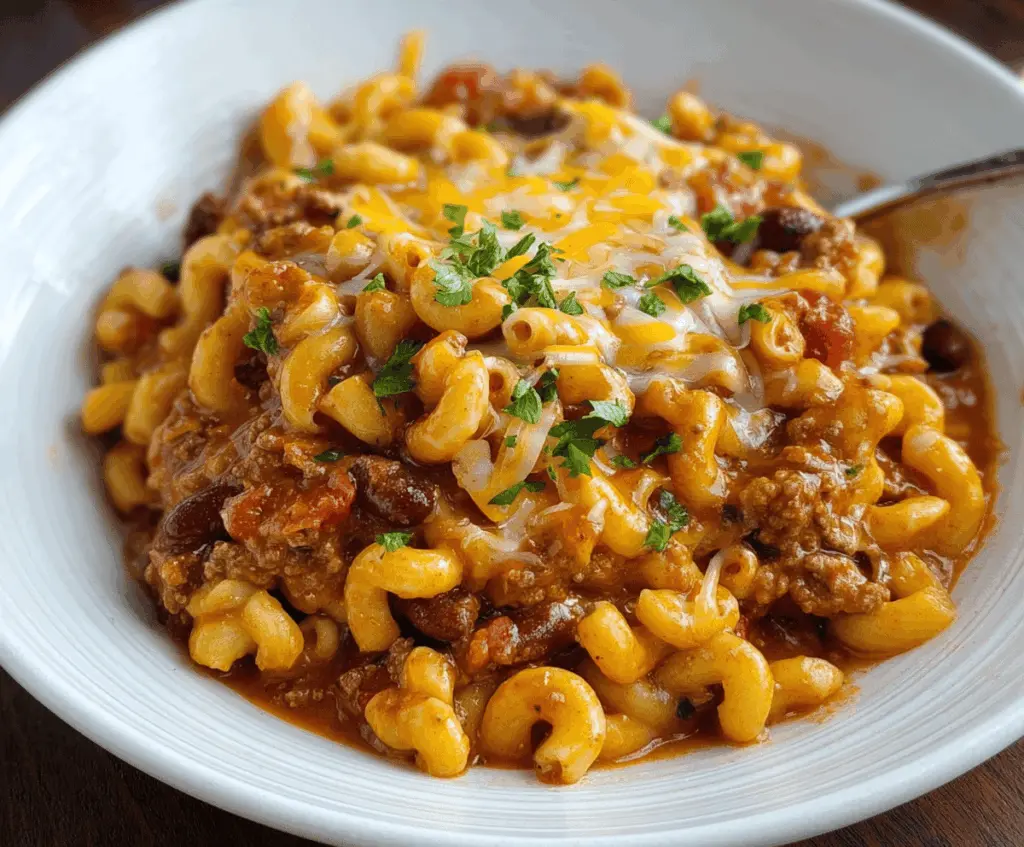 Delicious homemade chili mac with seasoned ground beef, macaroni pasta, and melted cheese in a bowl, ready to serve