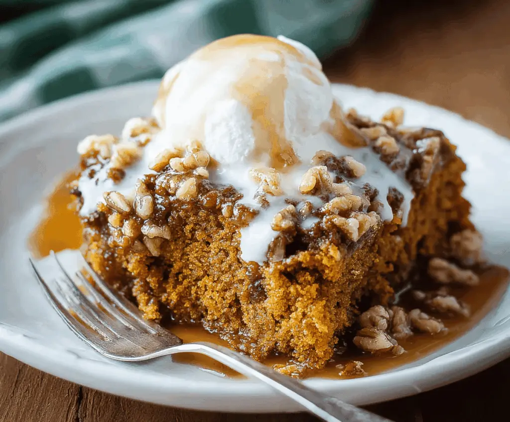 Delicious classic crockpot pumpkin spice cake topped with whipped cream and cinnamon, ready to serve