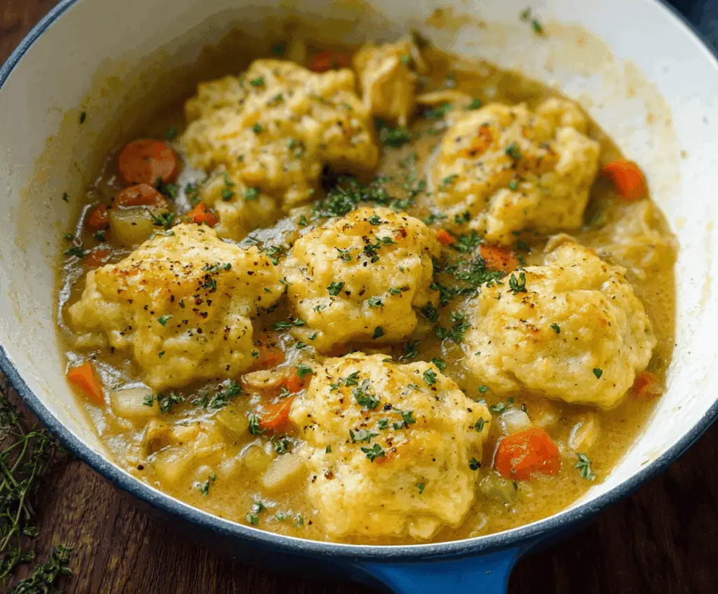 A bowl of comforting chicken stew topped with fluffy homemade dumplings, garnished with fresh herbs on a rustic wooden table.