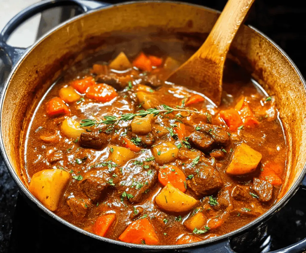 Hearty homemade stove top beef stew with tender beef chunks, carrots, potatoes, and herbs in a comforting bowl