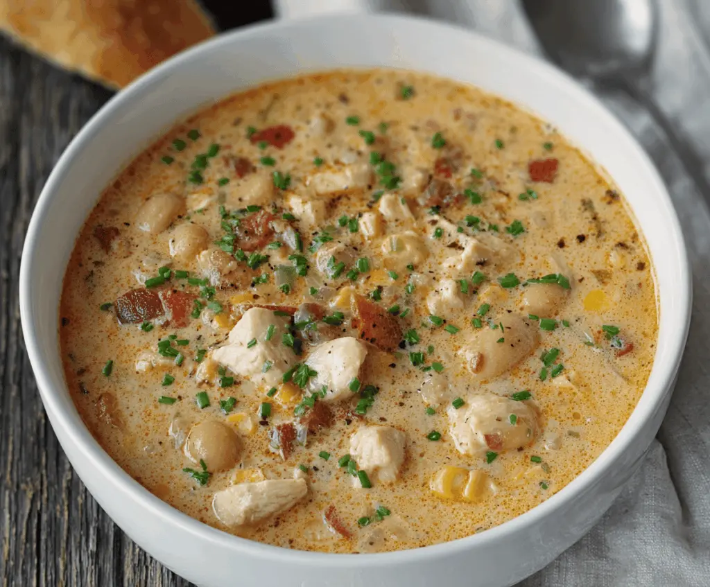 Cream cheese chicken chili in a bowl with shredded chicken, melted cheese, and chili peppers, perfect for a comforting and easy-to-make meal.