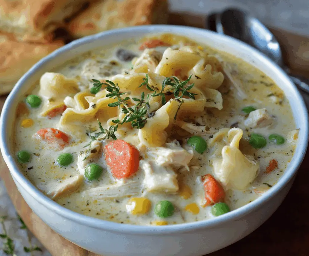 A steaming bowl of creamy chicken pot pie soup garnished with fresh herbs and flaky crust crumbles, served with bread on the side.