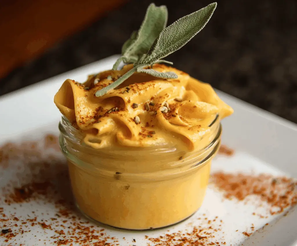 Creamy pumpkin sauce served over pasta in a white bowl with fresh herbs, perfect for fall-inspired dishes.