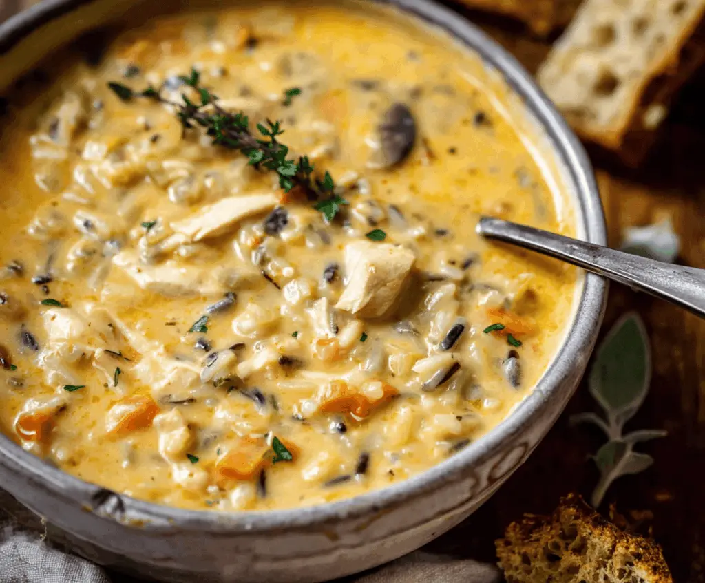 Creamy turkey wild rice soup in a bowl with fresh herbs and vegetables, perfect for a hearty and comforting meal