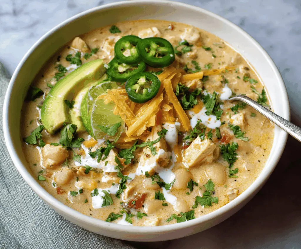 Creamy White Chicken Chili in a bowl topped with shredded cheese, cilantro, and lime wedge, served with tortilla chips on the side