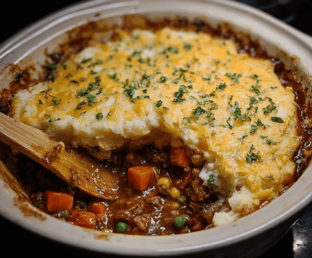 Delicious homemade Crockpot Shepherd’s Pie with mashed potato topping and savory ground beef filling, served in a rustic casserole dish.