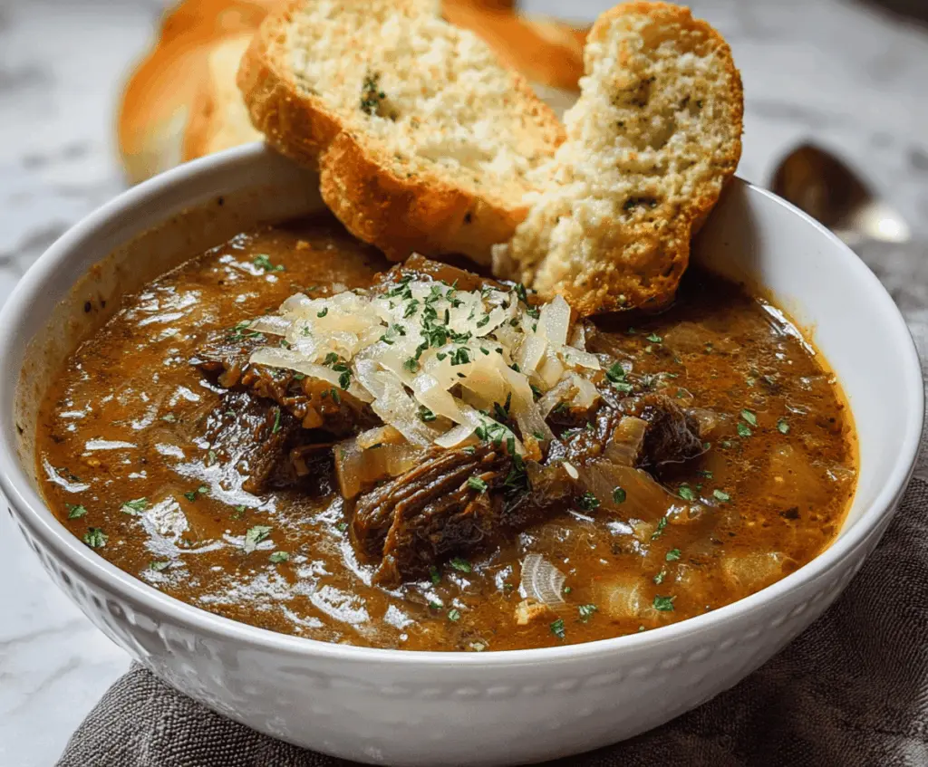 Hearty French Onion Beef Short Rib Soup topped with melted cheese and caramelized onions in a bowl.