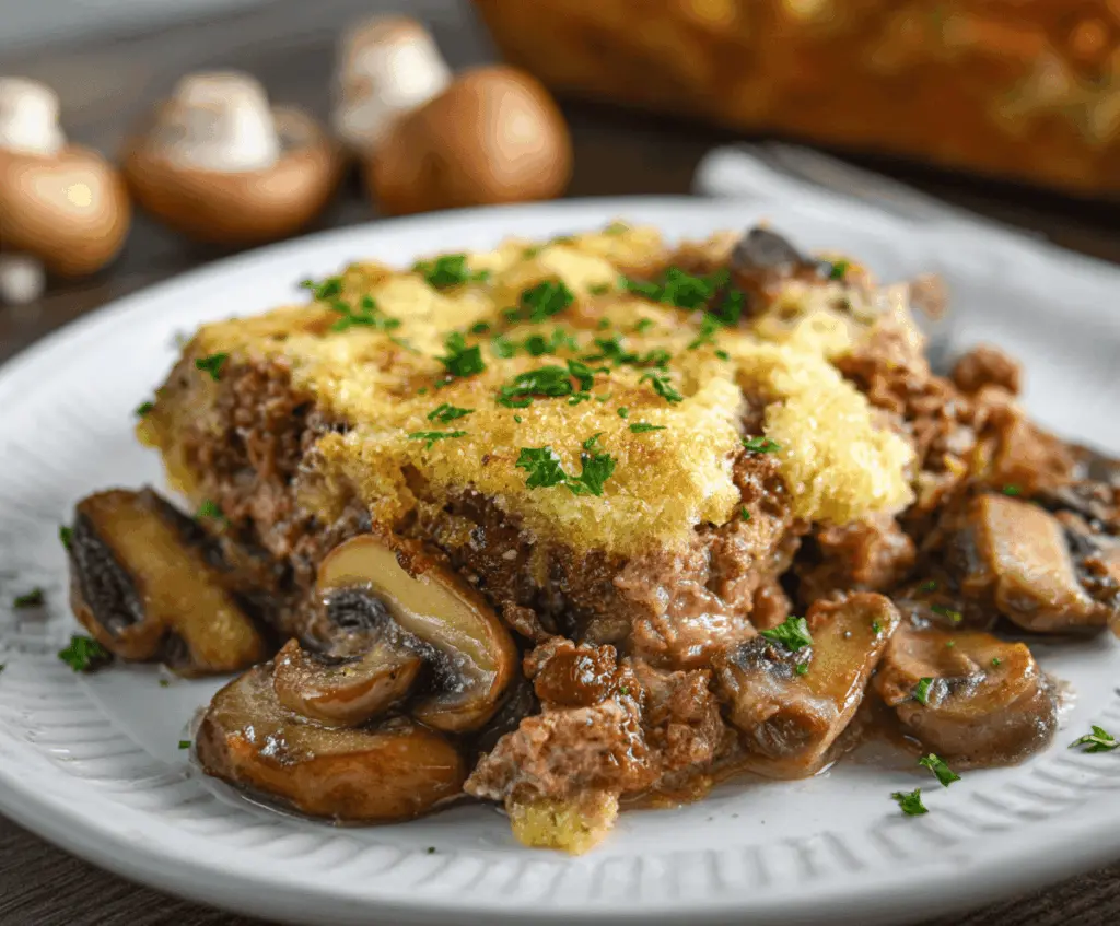 Delicious Hamburger Mushroom Bake topped with melted cheese and fresh herbs, served hot on a plate