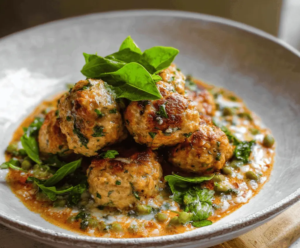 Plate of herby chicken and ricotta meatballs garnished with fresh herbs, served with a side of marinara sauce
