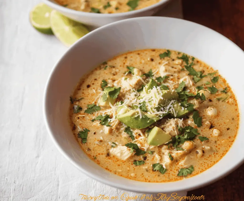 Creamy white chicken chili with high protein and low carb ingredients served in a bowl garnished with fresh herbs.