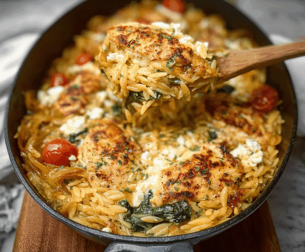 Delicious Monterey Chicken One Pan Orzo dish with grilled chicken, melted cheese, and flavorful orzo pasta on a plate