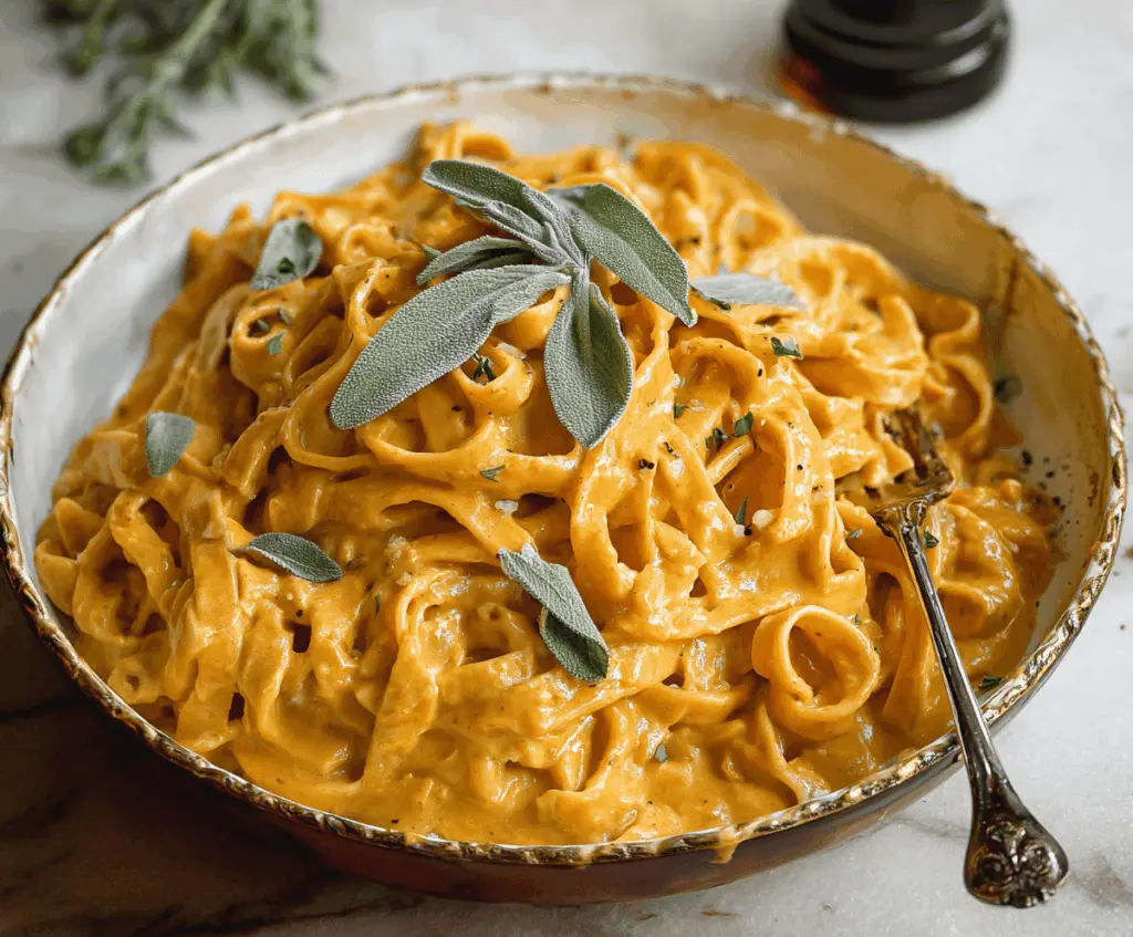 Creamy pumpkin Alfredo sauce served over pasta with fresh herbs, perfect for fall-inspired meals.