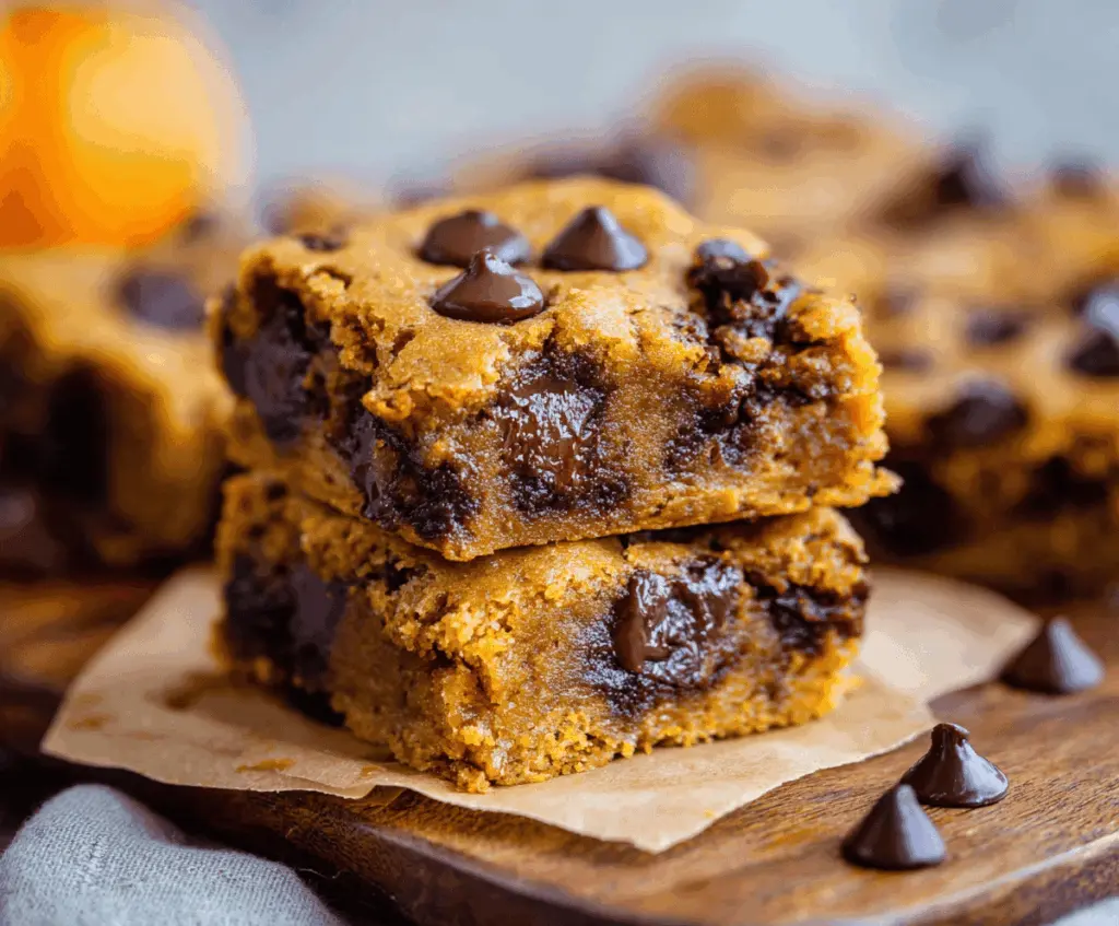 Delicious pumpkin chocolate chip bars with a golden crust and melted chocolate chips, perfect for fall desserts and gatherings
