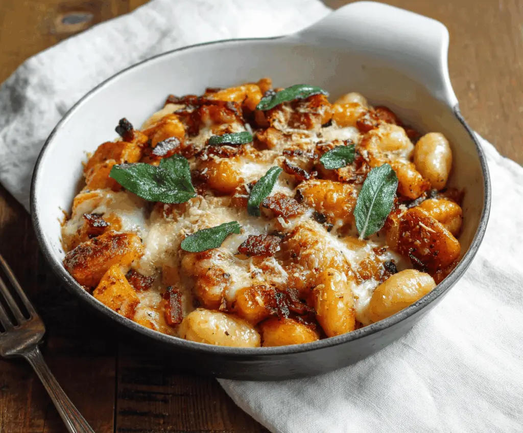 Creamy pumpkin gnocchi bake topped with melted cheese and fresh herbs, served in a baking dish.