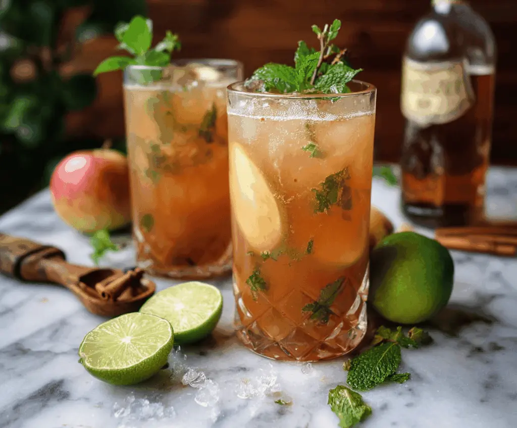 Refreshing apple cider mojito with fresh mint and lime in a glass, perfect for fall-themed cocktails