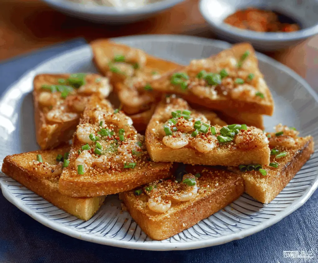 Crispy air fried shrimp toast topped with fresh herbs and served on a white plate, showcasing a delicious appetizer or snack.