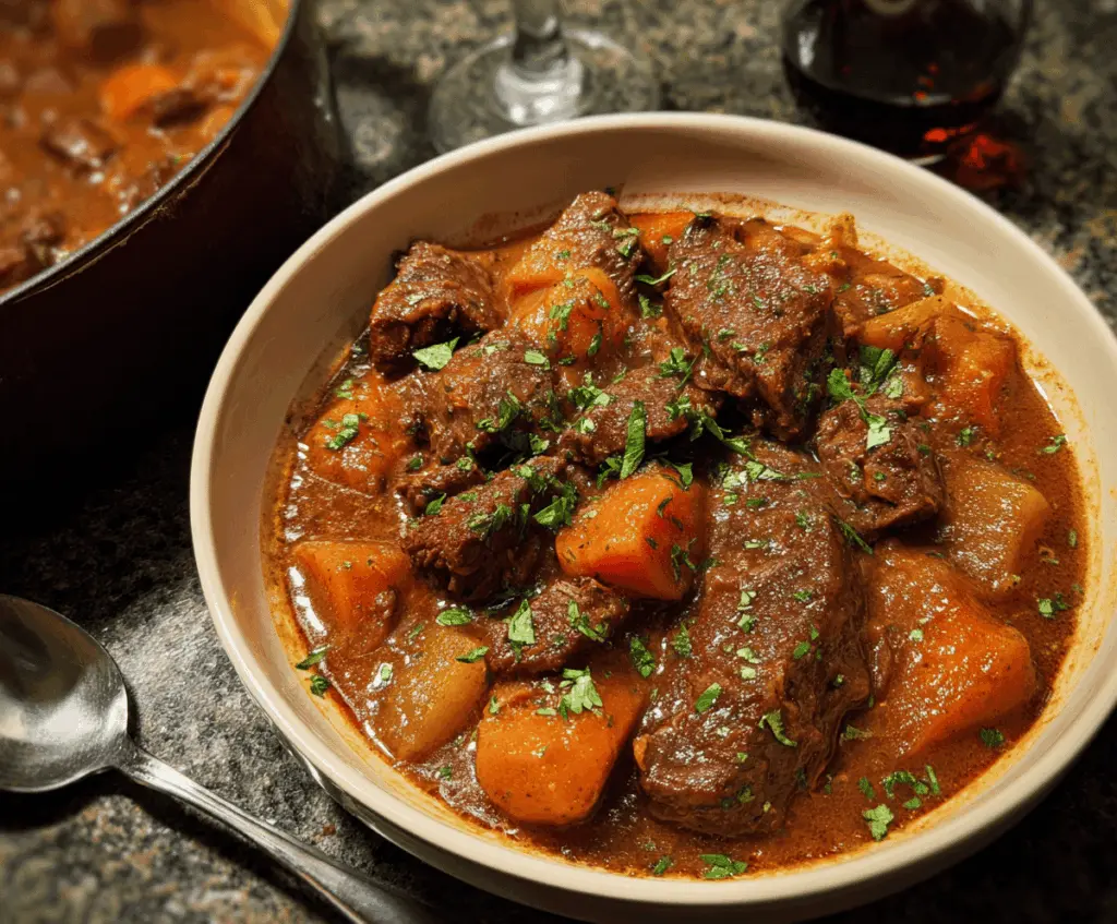 A hearty bowl of Anthony Bourdain's Beef Stew featuring tender beef chunks, carrots, potatoes, and herbs in a rich, flavorful broth.