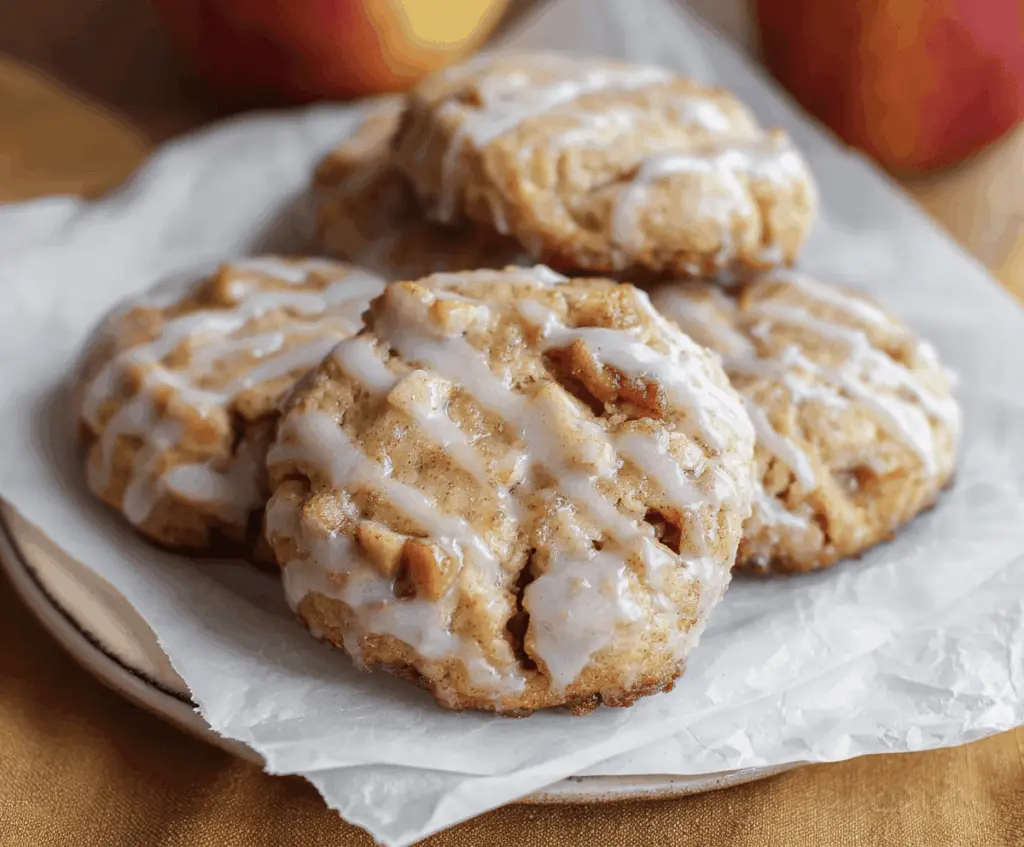 Delicious homemade Apple Fritter Cookies with crispy edges, cinnamon-spiced apple filling, and a sugared glaze topping on a rustic wooden surface.