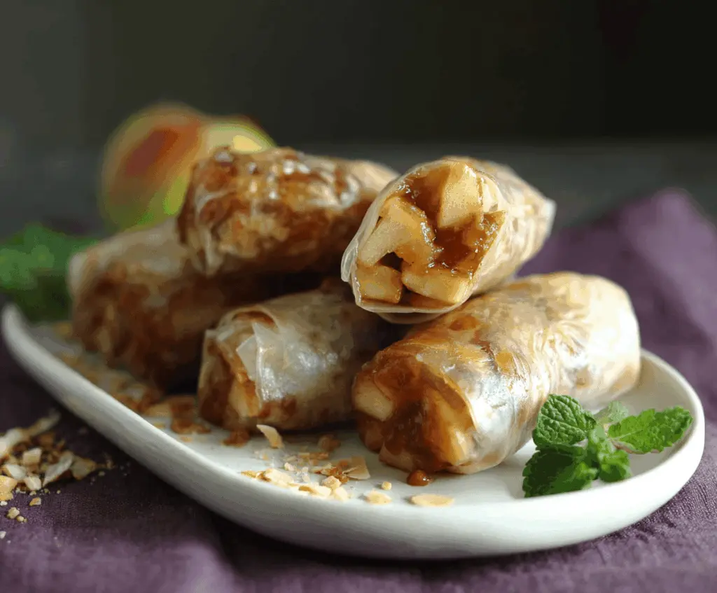 Delicious baked apple pie rice paper rolls with cinnamon and caramel filling on a plate, ready to serve.