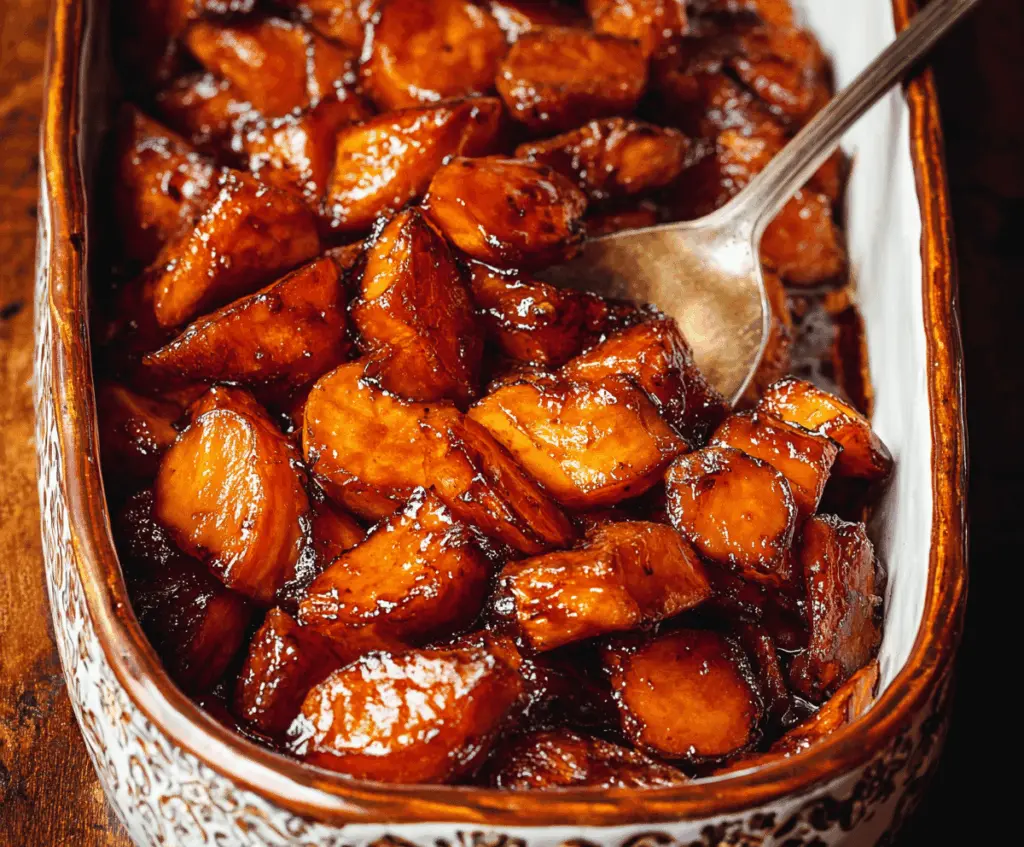 Delicious candied yams topped with a caramelized glaze on a festive table.