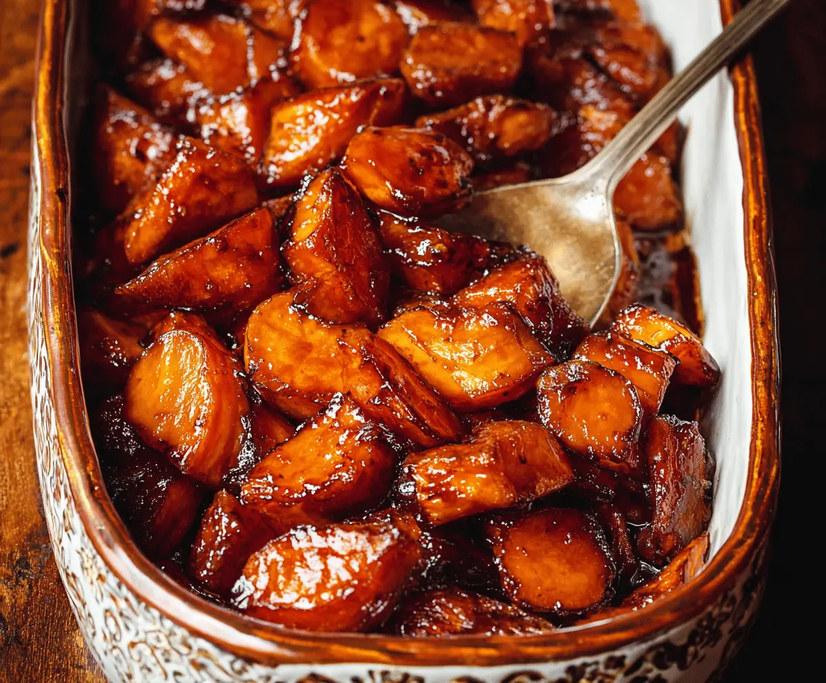 Delicious candied yams topped with a caramelized glaze on a festive table.