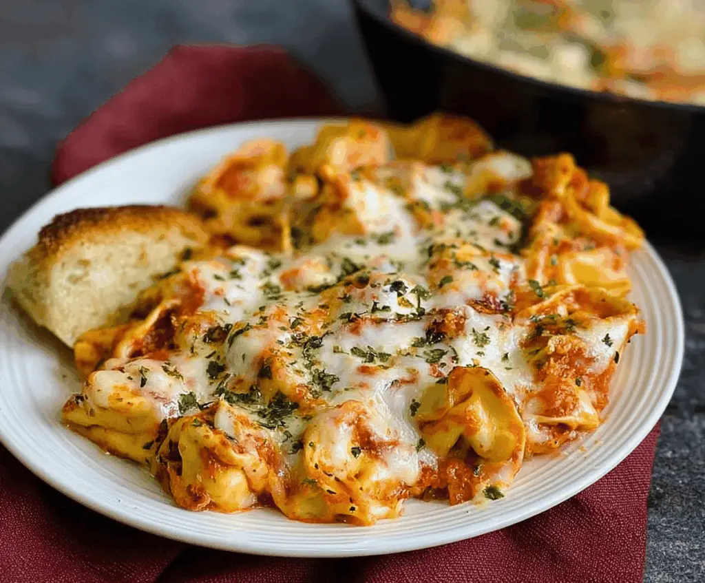 Delicious cheesy baked tortellini pasta dish topped with melted cheese and herbs.