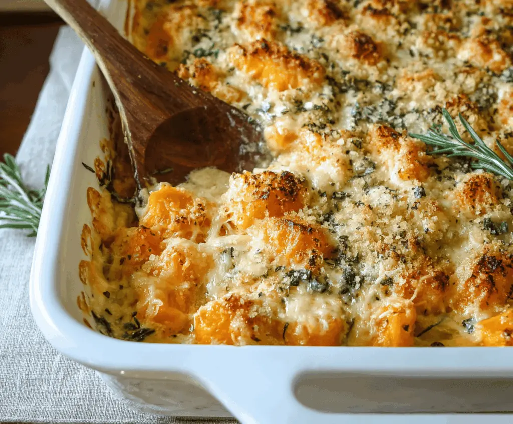 Delicious Cheesy Butternut Squash Casserole topped with golden melted cheese and crispy herbs, perfect for a comforting fall side dish.