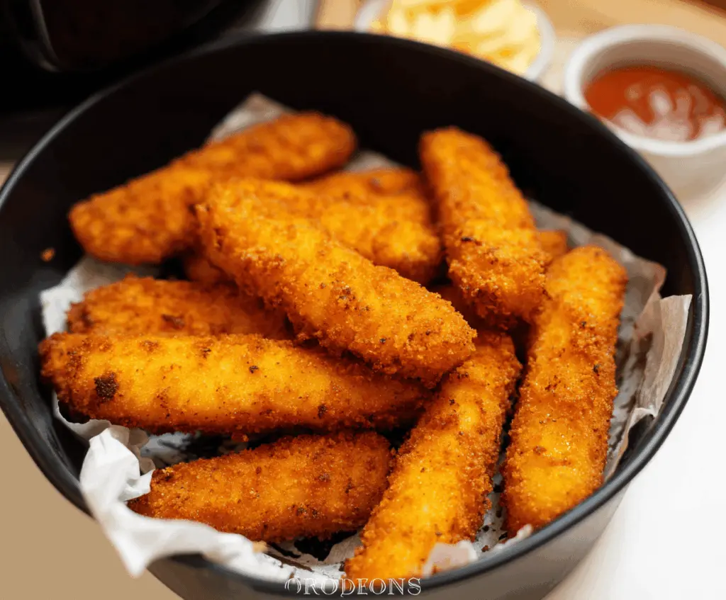Crispy chicken fries cooked in an air fryer served on a white plate with dipping sauce