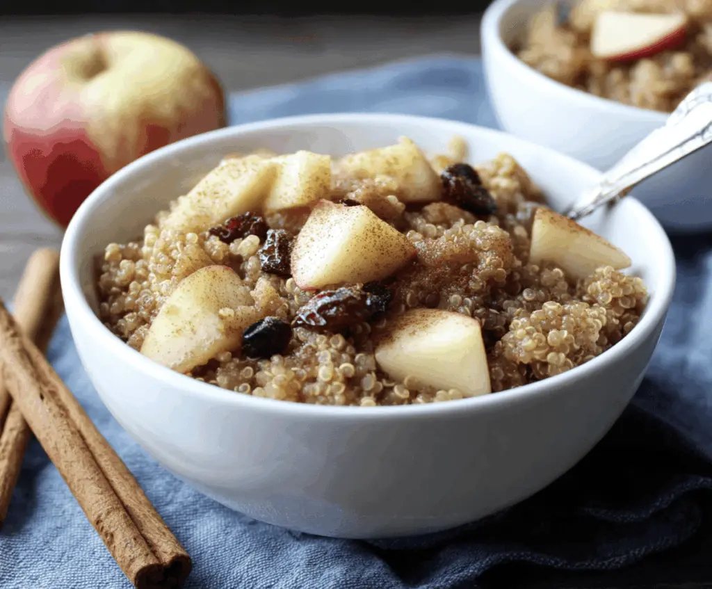 Creamy cinnamon apple quinoa breakfast bowl topped with sliced fresh apples and a sprinkle of cinnamon, perfect for a healthy morning start.