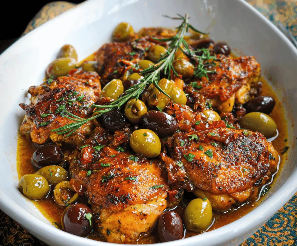 Delicious Crazy Good Chicken with Olives served on a rustic plate, garnished with fresh herbs.