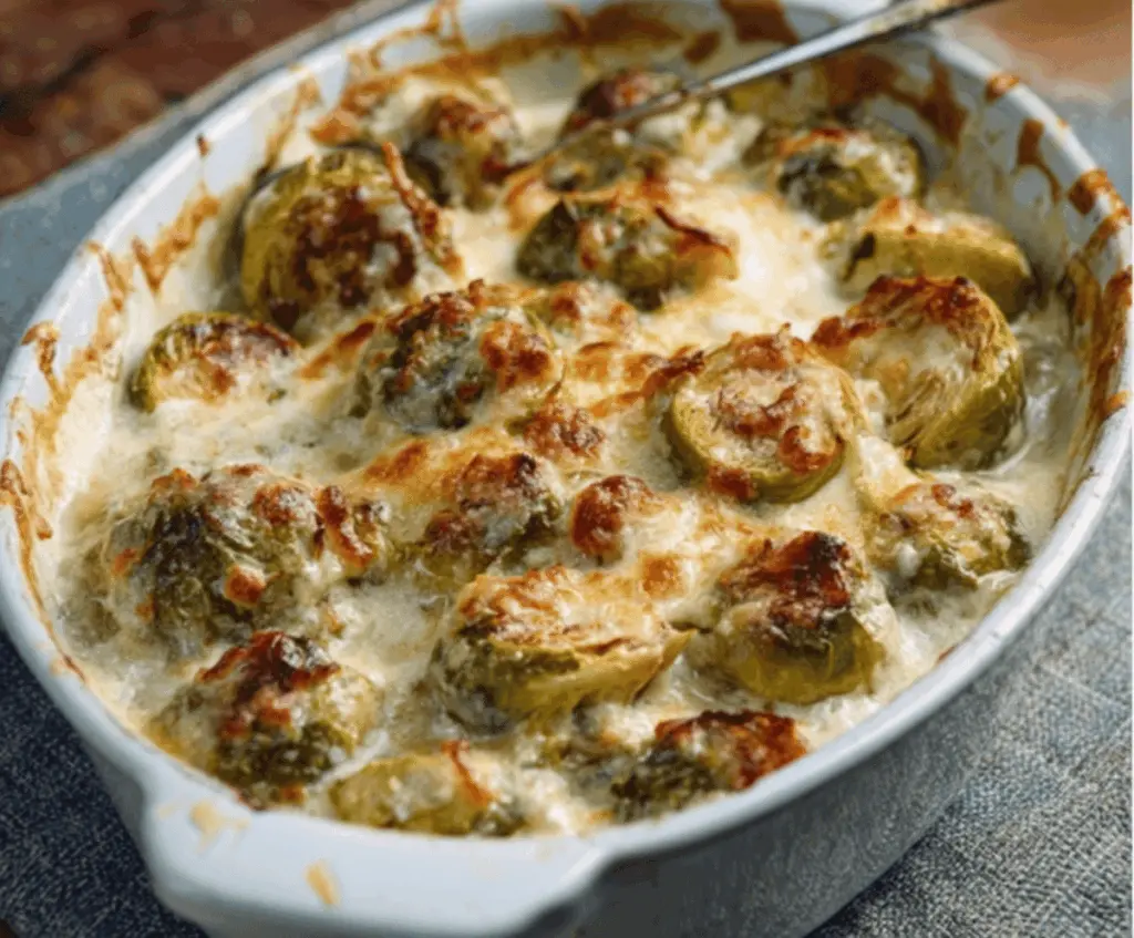 Delicious creamy baked Brussels sprouts served on a white plate, garnished with herbs.