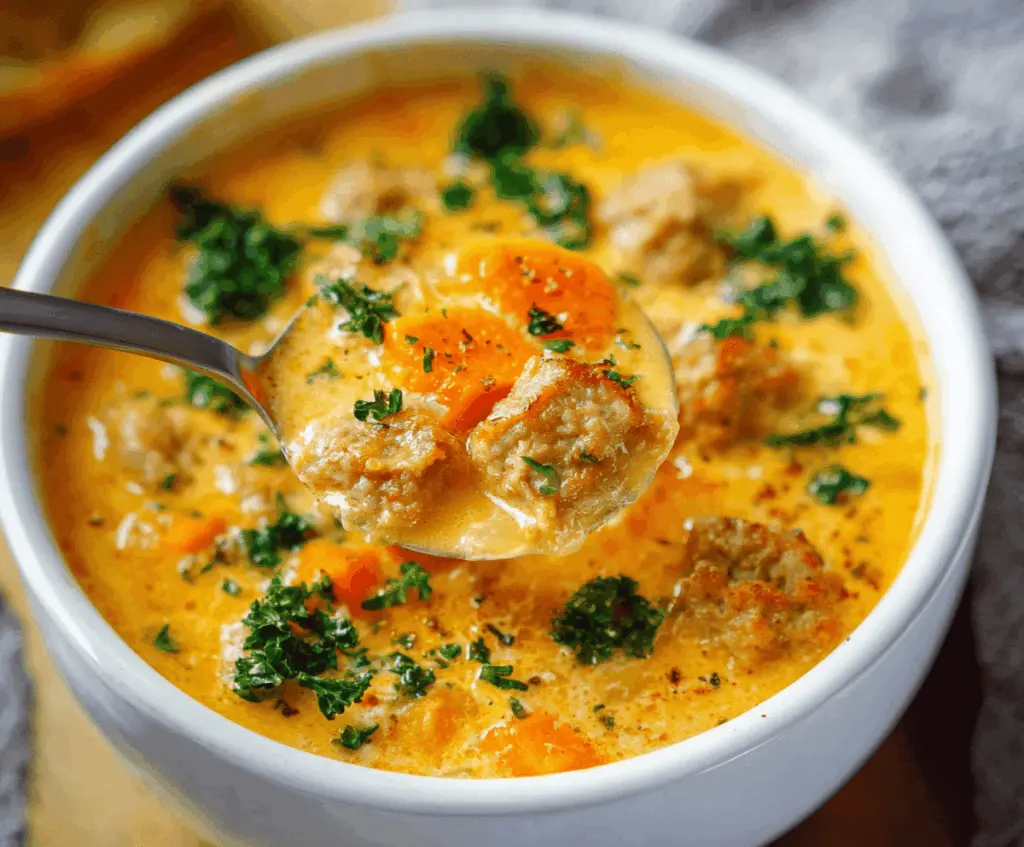 Creamy sweet potato and sausage soup in a bowl garnished with herbs, served with a spoon on a rustic wooden table.