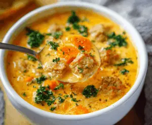 Creamy sweet potato and sausage soup in a bowl garnished with herbs, served with a spoon on a rustic wooden table.
